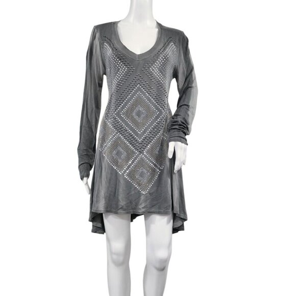 Be Vocal Studded Lagenlook Artsey Rocker Festival Y2K Whimsy Tunic Top Gray L - Picture 1 of 11